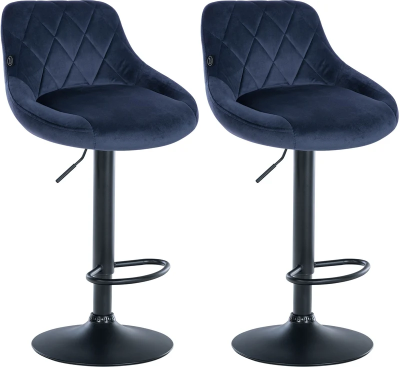 Set de 2 tabourets de bar coutures décoratives losanges assise en velours bleu et cadre en métal noir TDB10774