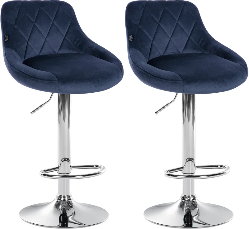 Set de 2 tabourets de bar coutures décoratives losanges assise en velours bleu et cadre en métal chromé TDB10767