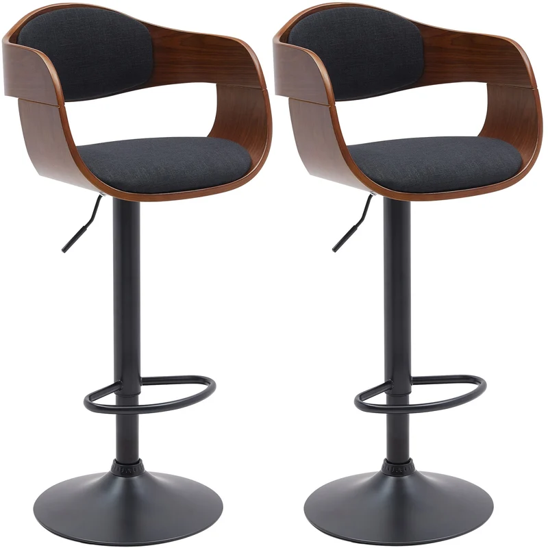 Set de 2 tabourets de bar chaises hautes pieds trompette en métal noir assise en bois marron et tissu noir TDB10761