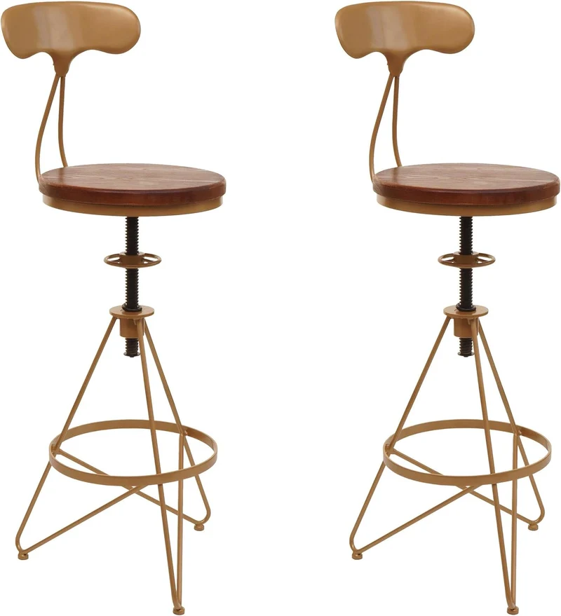 Lot de 2 tabourets de bar chaise haute avec repose-pieds rotatif réglable en hauteur design industriel métal doré et bois marron TDB04081