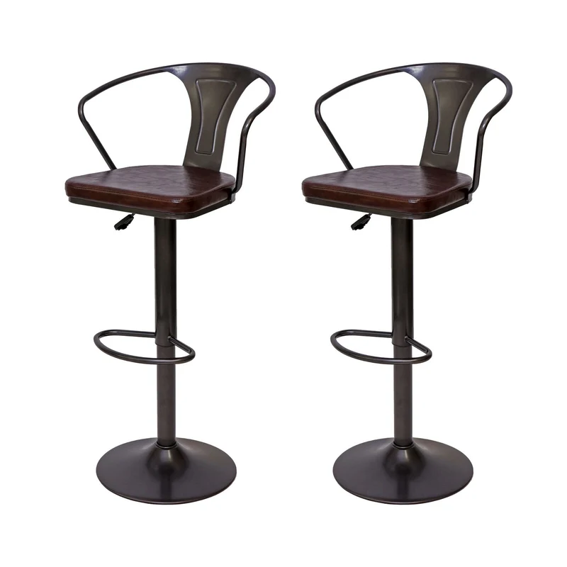2x tabourets de bar en synthétique marron et métal noir style industrielle avec accoudoirs TDB04055