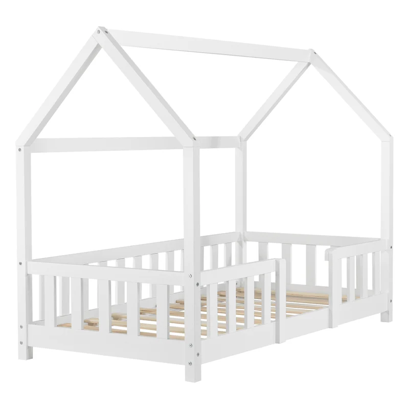 Lit pour enfant cabane maison avec barrière et sommier à lattes en bois de pin blanc 80 x 160 cm 03_0005488