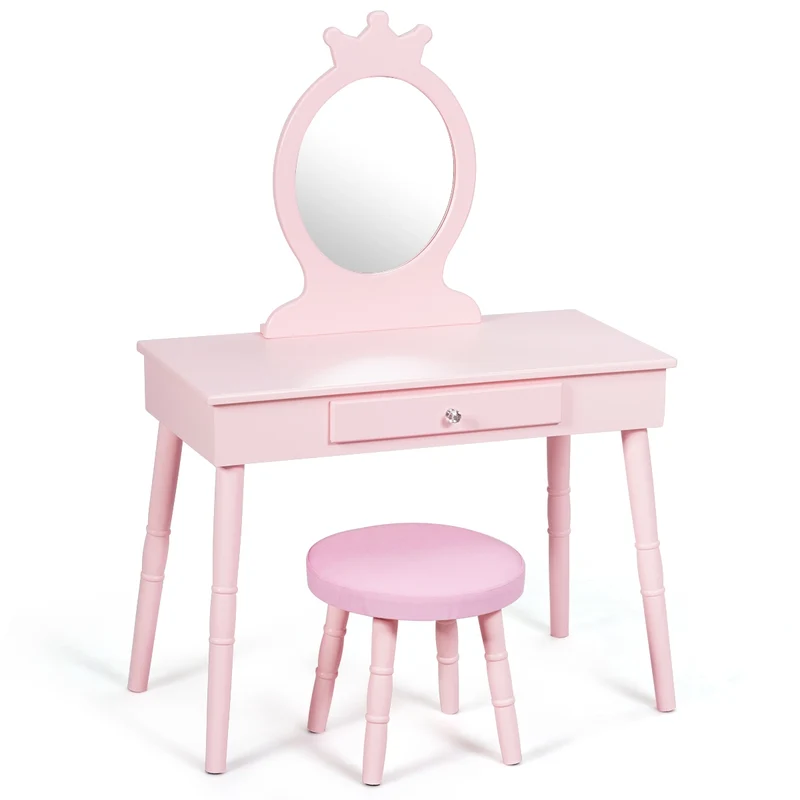 Coiffeuse bureau pour enfant 3 à 8 ans avec miroir tiroir tabouret MDF rose 20_0000475