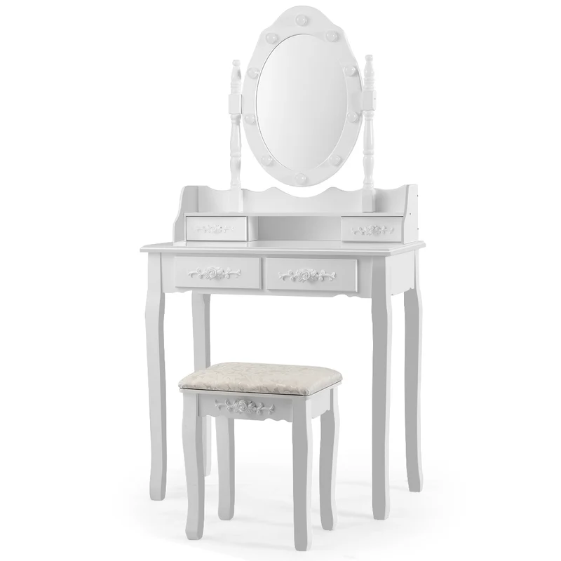 Coiffeuse table de maquillage avec miroir oval et 10 ampoules led 4 tiroirs de rangement blanc 20_0000482