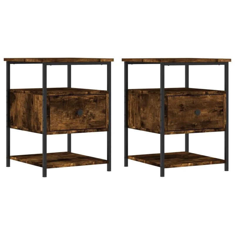 Lot de 2 tables de chevet avec tiroir et étagère 40 x 42 x 56 cm bois d'ingénierie marron et fer DEC035133