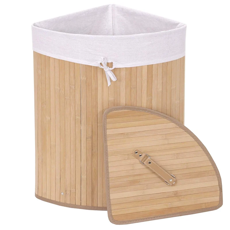 Panier / corbeille à linge d'angle en bambou nature 50l avec poignées 61x48x35cm DEC04117