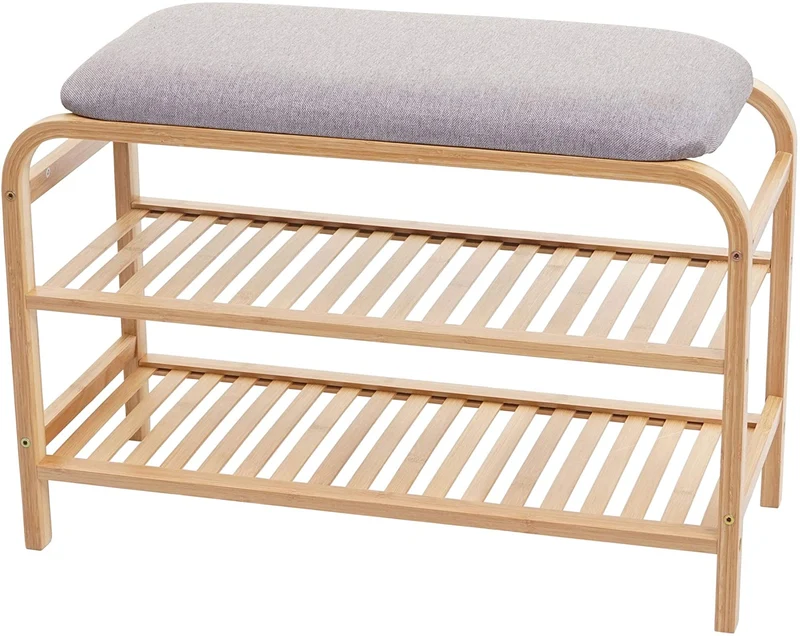 Banc étagère à chaussures assise rembourrée avec deux niveaux bambou 50x70x30cm BAN04049