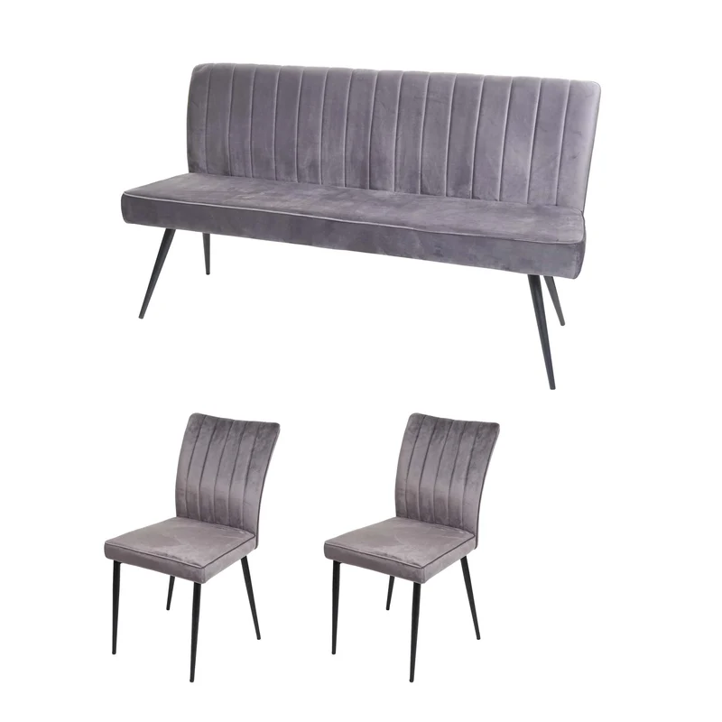 Ensemble de salle à manger 2x chaises de salle à manger et 1x banc 3 places en velours gris foncé et métal 04_0006751