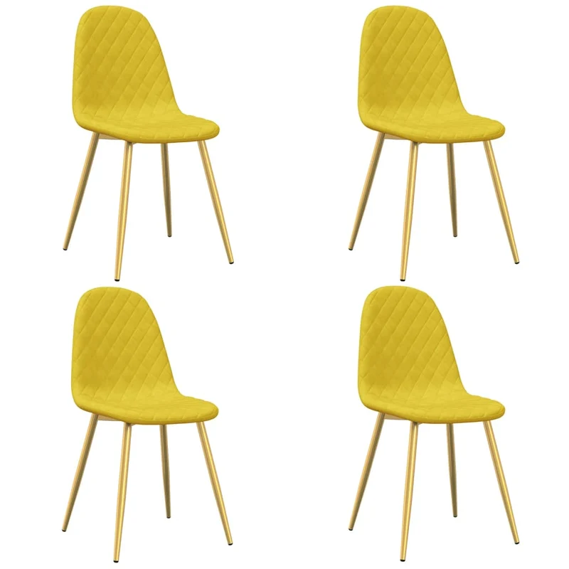 Set de 4 chaises de salle à manger en tissu velours jaune moutarde couture en losange pieds en fer doré DEC025633