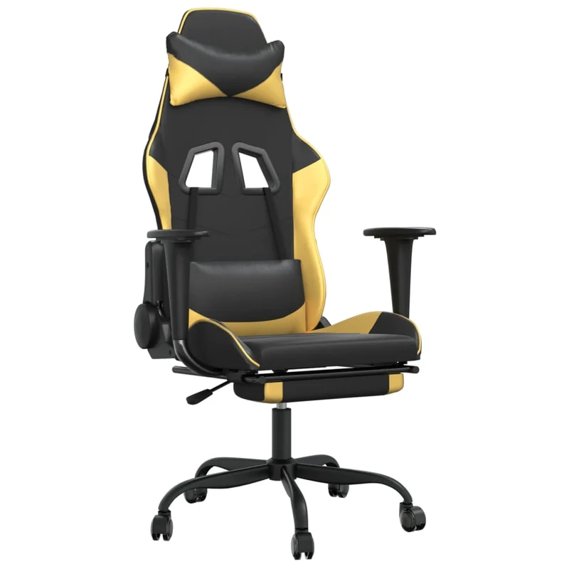 Fauteuil de bureau chaise gaming avec coussin lombaire et repose-pieds noir et doré PVC DEC025852