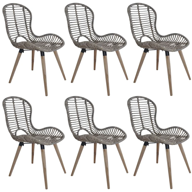 Set de 6 chaises de salle à manger design rustique en rotin naturel marron pieds en bois DEC025695