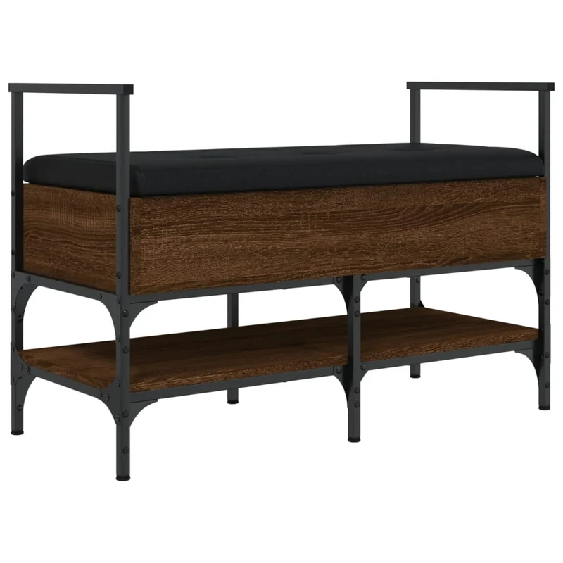 Banc de rangement à chaussures avec coussin d'assise noir 85,5 x 42 x 57,5cm bois d'ingénierie couleur chêne marron DEC024880