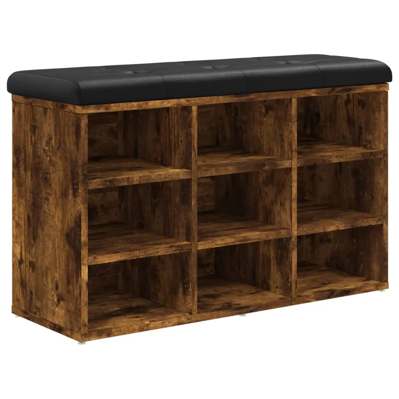 Banc de rangement à chaussures 9 compartiments 82 x 32 x 50 cm bois d'ingénierie couleur chêne fumé DEC024853