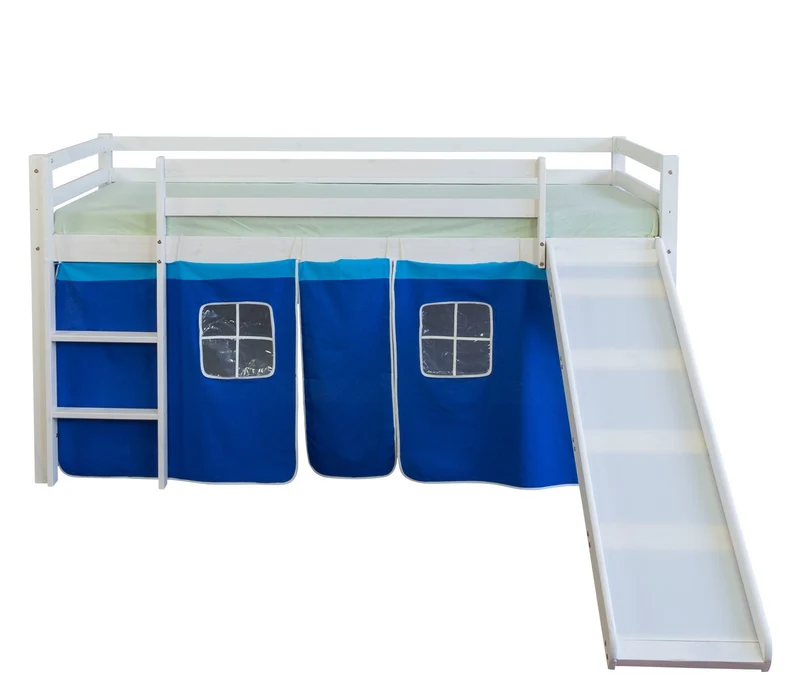 Lit mezzanine 90x200cm avec échelle toboggan en bois blanc et toile bleu LIT06115