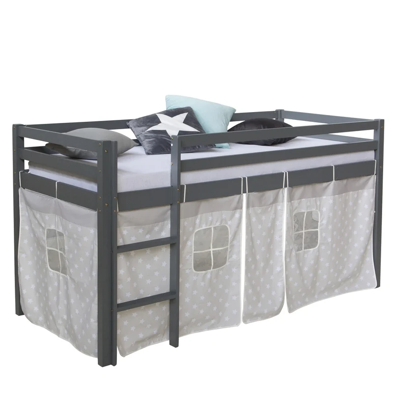 Lit mezzanine 90x200cm avec échelle en bois gris avec tissu étoile LIT06177/2