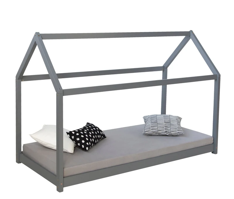 Lit pour enfant en forme de maison en bois gris avec sommier à lattes LIT06170