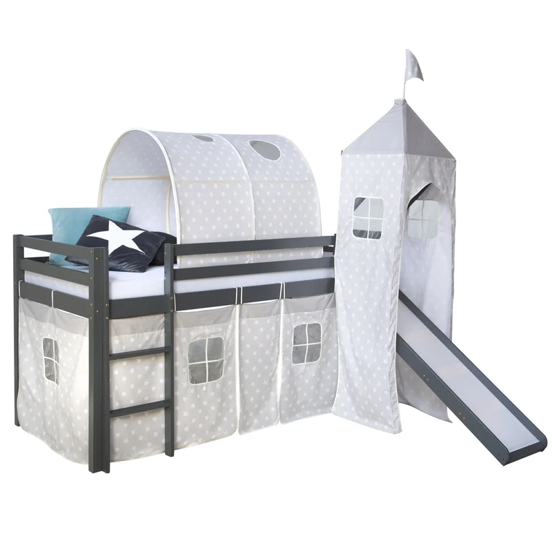 Lit mezzanine 90x200cm avec échelle toboggan en bois gris avec tissu étoile tunnel et tour LIT06176