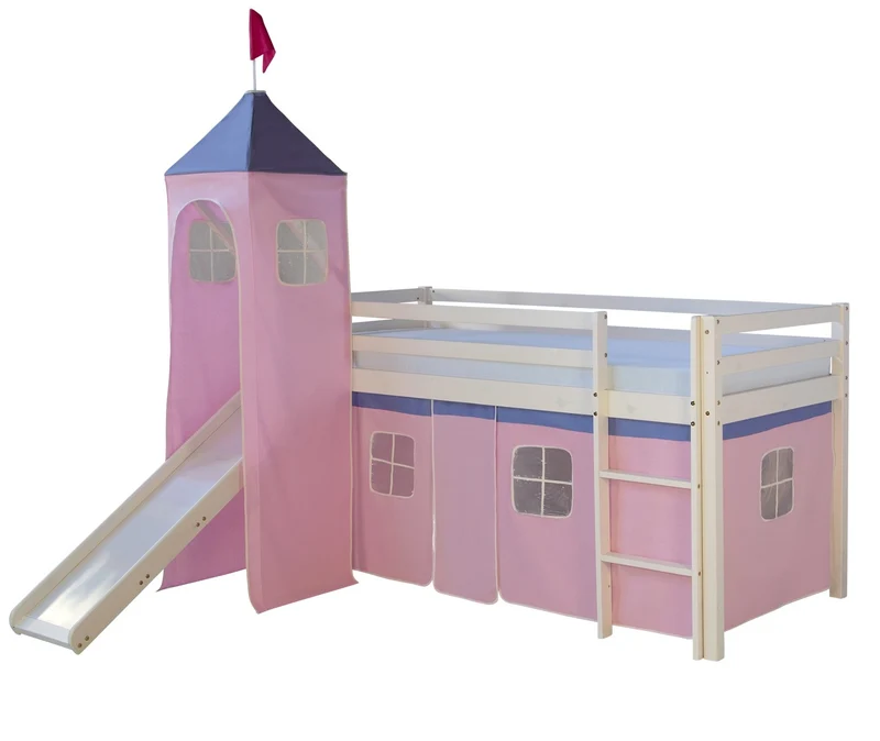 Lit mezzanine 90x200cm avec échelle toboggan en bois blanc et toile rose incluse LIT06153