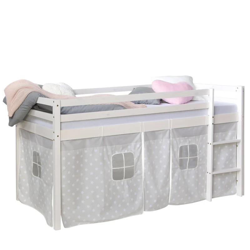 Lit mezzanine 90x200cm avec échelle en bois blanc avec tissu gris étoile LIT06183