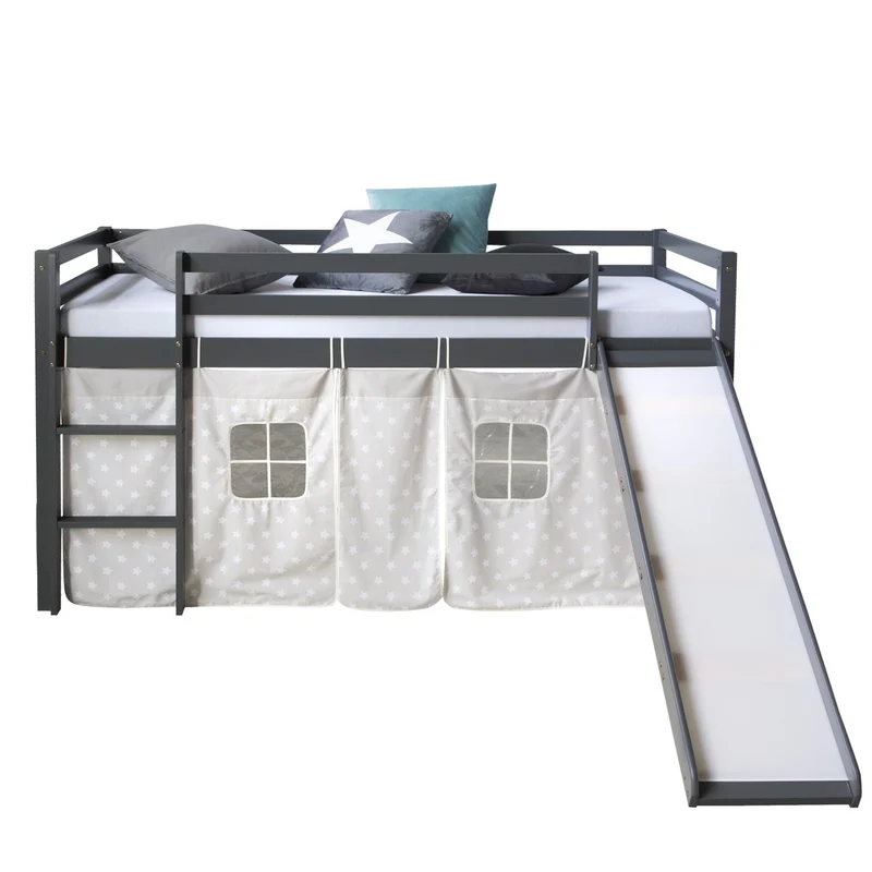 Lit mezzanine pour enfant 90x200cm avec échelle toboggan en bois gris avec tissu étoile LIT06173