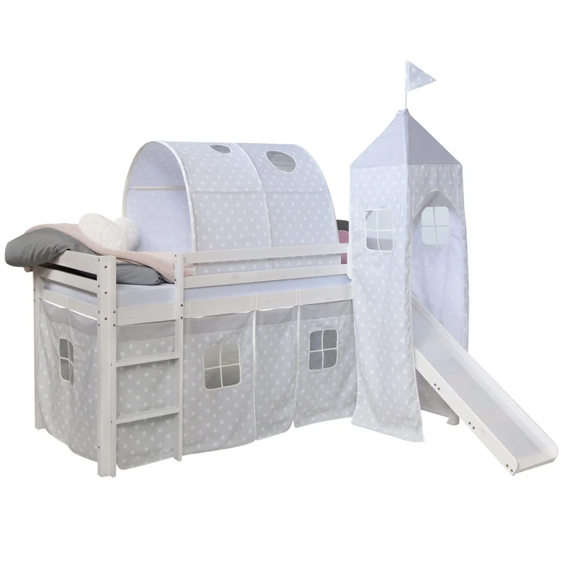 Lit mezzanine 90x200cm avec échelle toboggan en bois blanc avec tissu gris étoile tunnel et tour LIT06182