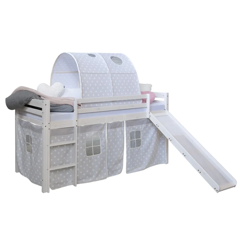 Lit mezzanine 90x200cm avec échelle toboggan en bois blanc avec tissu gris étoile et tunnel LIT06180