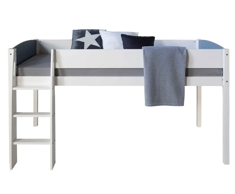 Lit mezzanine mi-hauteur avec sommier à lattes 90x200cm échelle en bois blanc et gris LIT06168