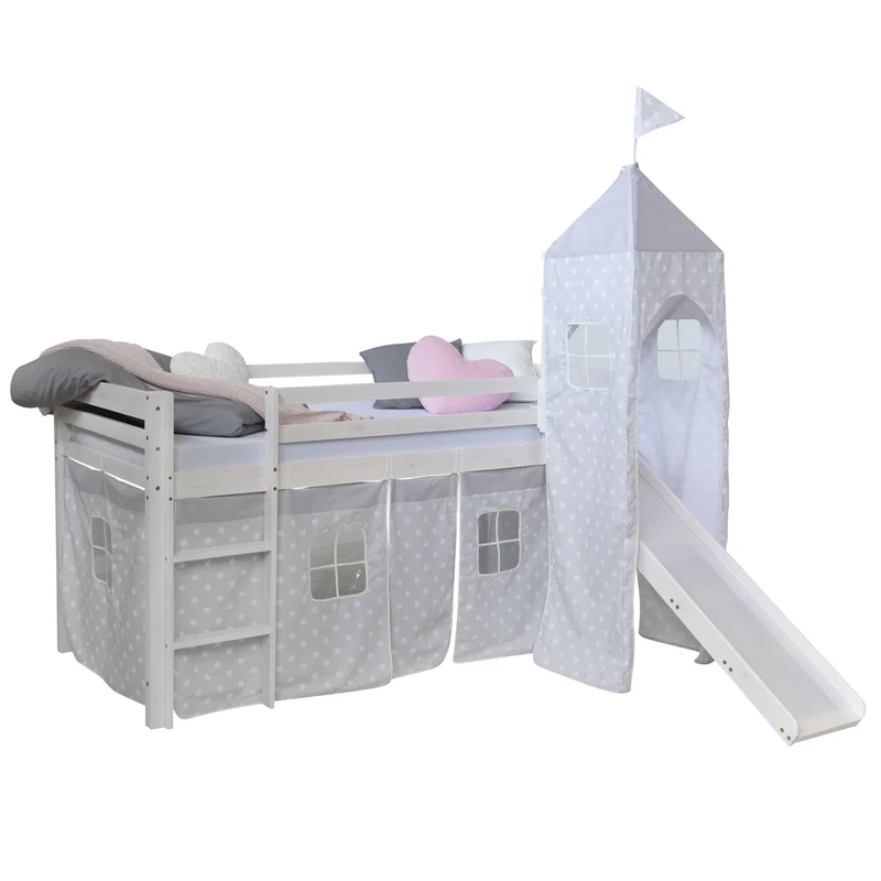Lit mezzanine 90x200cm avec échelle toboggan en bois blanc avec tissu gris étoile et tour LIT06181