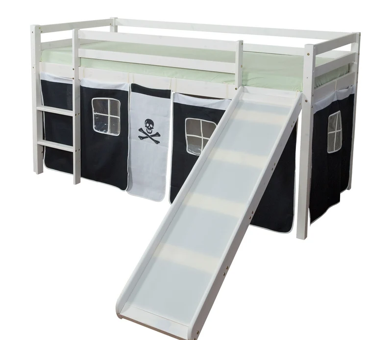 Lit mezzanine 90x200cm avec échelle toboggan en bois blanc et toile noir pirate LIT06117
