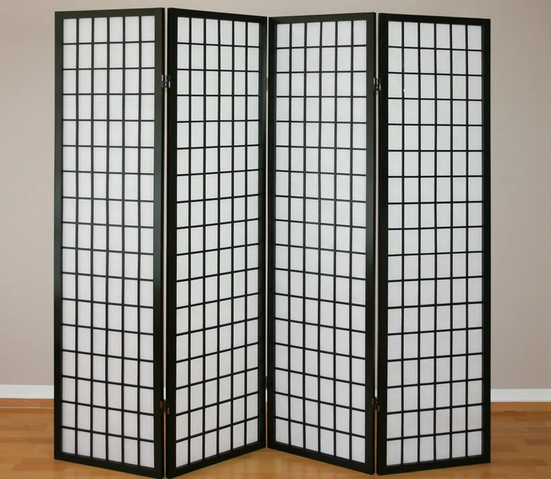 Paravent 4 panneaux en bois noir et papier riz 175x176cm PAR06044