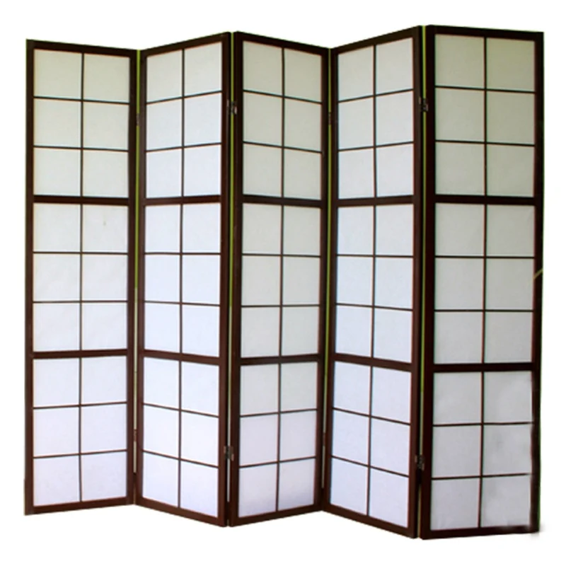 Paravent 5 panneaux pans en bois noir et papier riz 175x220cm PAR06039