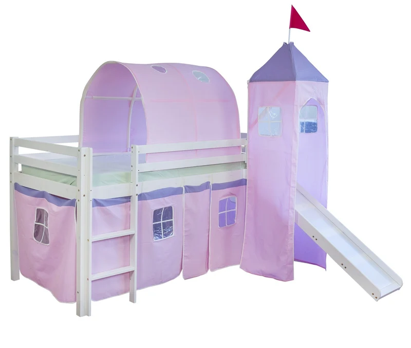 Lit mezzanine 90x200cm avec échelle toboggan en bois blanc et toile rose incluse LIT06107