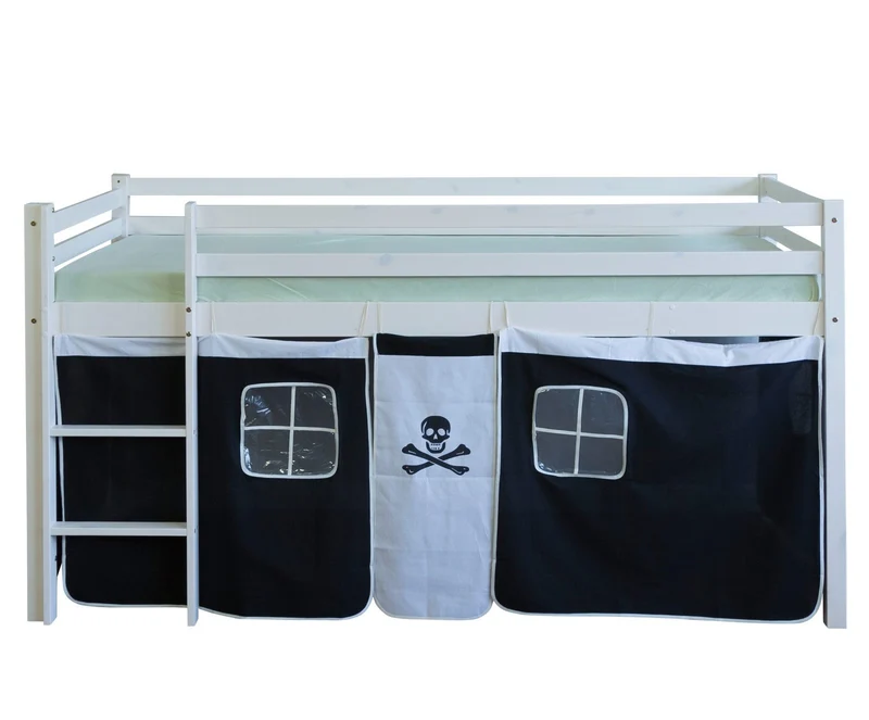 Lit mezzanine 90x200cm avec échelle en bois blanc et toile noir pirate LIT06121