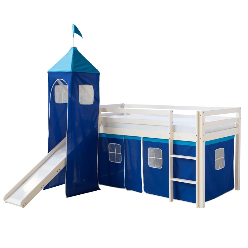 Lit mezzanine 90x200cm avec échelle toboggan en bois laqué blanc et toile bleu incluse LIT06009