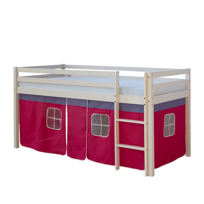 Lit mezzanine 90x200cm avec échelle en bois laqué blanc et toile rose incluse LIT06012