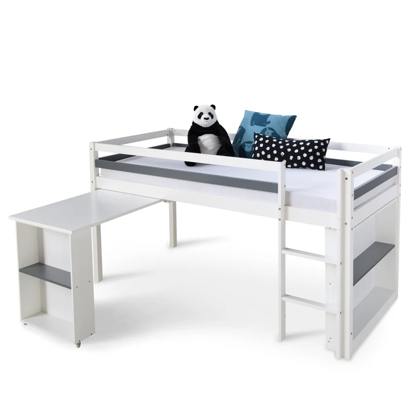 Lit mezzanine mi-hauteur pour enfant 90x200cm avec rangement bureau extensible et sommier LIT06199