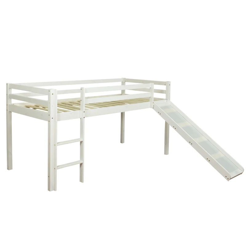 Lit mezzanine mi-hauteur 90x200cm avec échelle toboggan en bois laqué blanc LIT06200