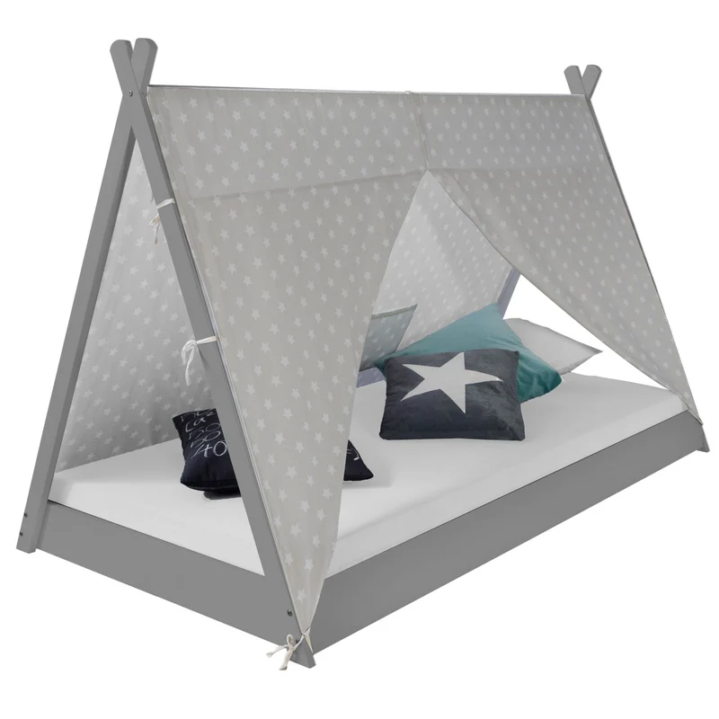Lit pour enfant tipi tente indienne 90 x 200 cm en bois gris avec tissu et sommier LIT06202