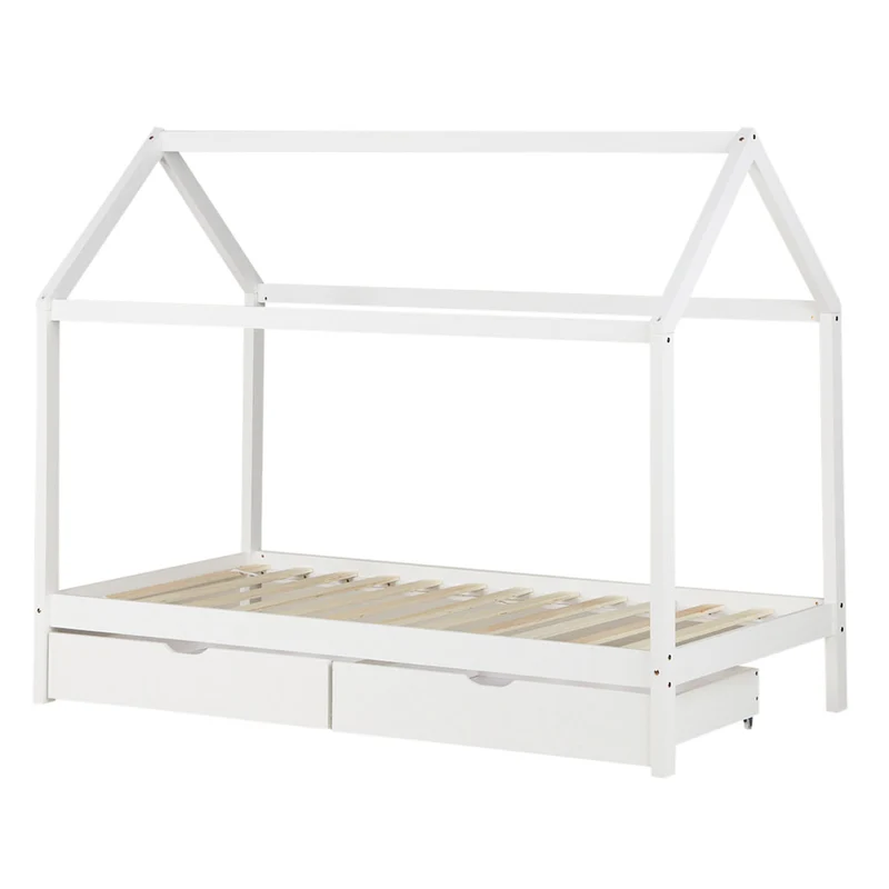 Lit cabane maison pour enfant avec sommier à lattes tissu et tiroirs de rangement en bois de pin blanc 90x200cm LIT06205