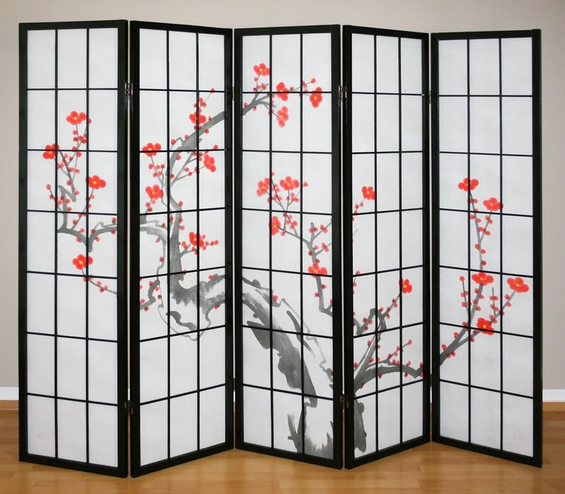 Paravent 5 panneaux japonais en bois noir 220x175cm PAR06015