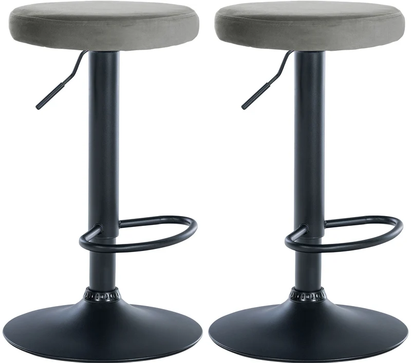 Lot de 2 tabourets de bar avec assise en tissu velours gris et cadre métal noir TDB10707