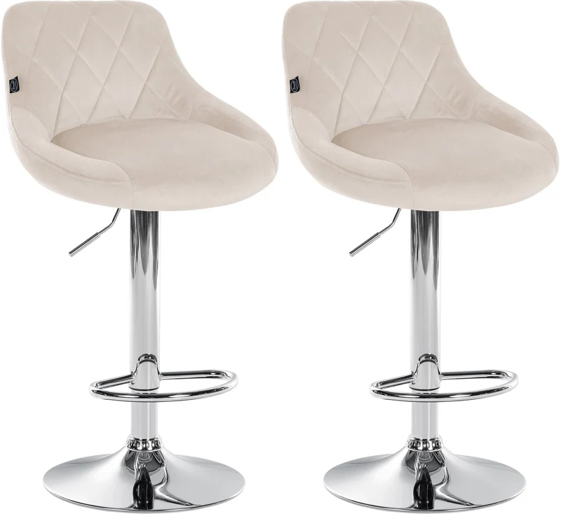 Set de 2 tabourets de bar coutures décoratives losanges assise en velours crème et cadre en métal chromé TDB10769