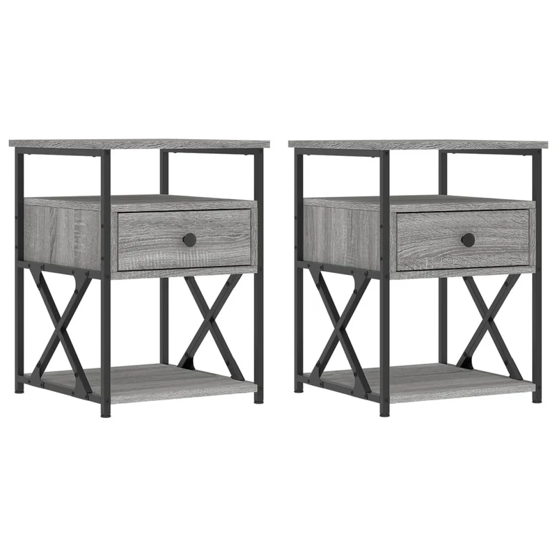 Lot de 2 tables de chevet avec tiroir et étagère 40 x 42 x 55cm bois d'ingénierie gris et fer DEC035731