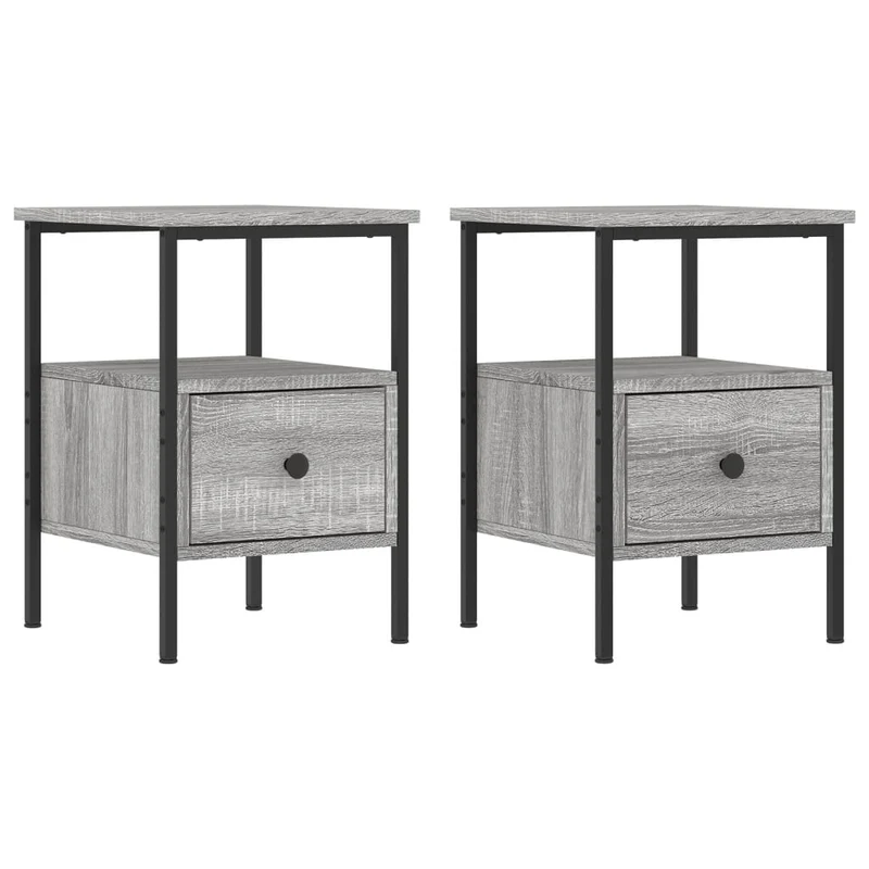 Lot de 2 tables de chevet avec tiroir et étagère 34 x 36 x 50cm bois d'ingénierie gris et fer DEC035650