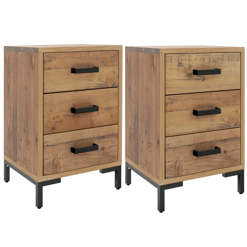 Lot de 2 tables de chevet avec 3 tiroirs 40 x 30 x 55 cm bois de pin marron et métal DEC034761
