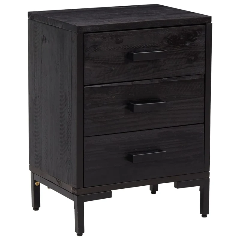 Table de chevet avec 3 tiroirs 40 x 30 x 55 cm bois de pin noir et métal DEC034402