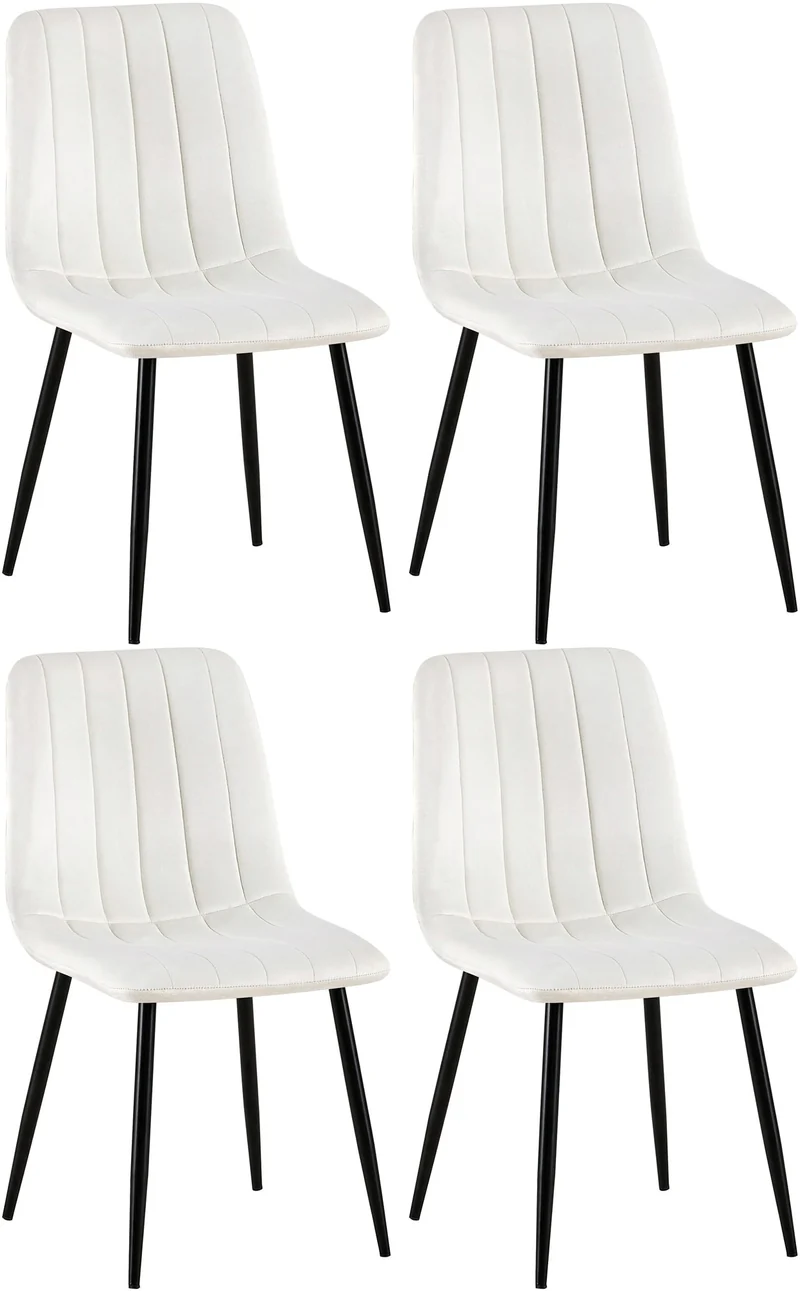 Lot de 4 chaises de salle à manger coutures décoratives verticales en tissu velours blanc crème et pieds métal noir 10_0001869