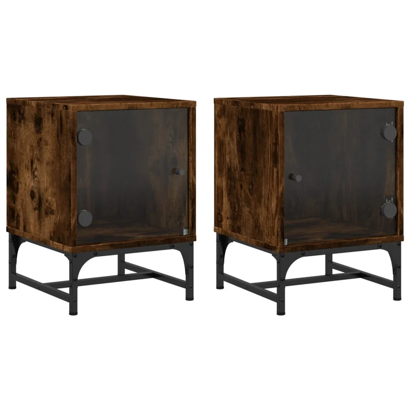 Lot de 2 tables de chevet avec portes vitrées 35 x 37 x 50 cm bois d'ingénierie marron verre et acier DEC035976