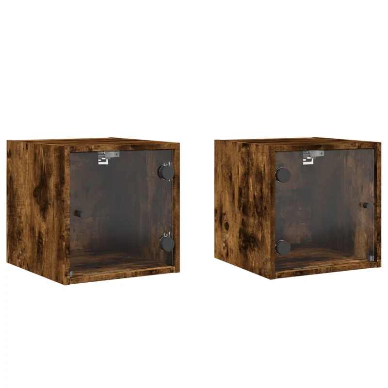 Lot de 2 tables de chevet avec portes vitrées 35 x 37 x 35 cm bois d'ingénierie marron et verre DEC035974