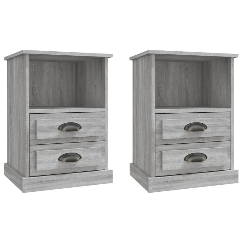 Lot de 2 tables de chevet avec deux tiroirs et étagère 43 x 36 x 60 cm bois d'ingénierie gris DEC035740